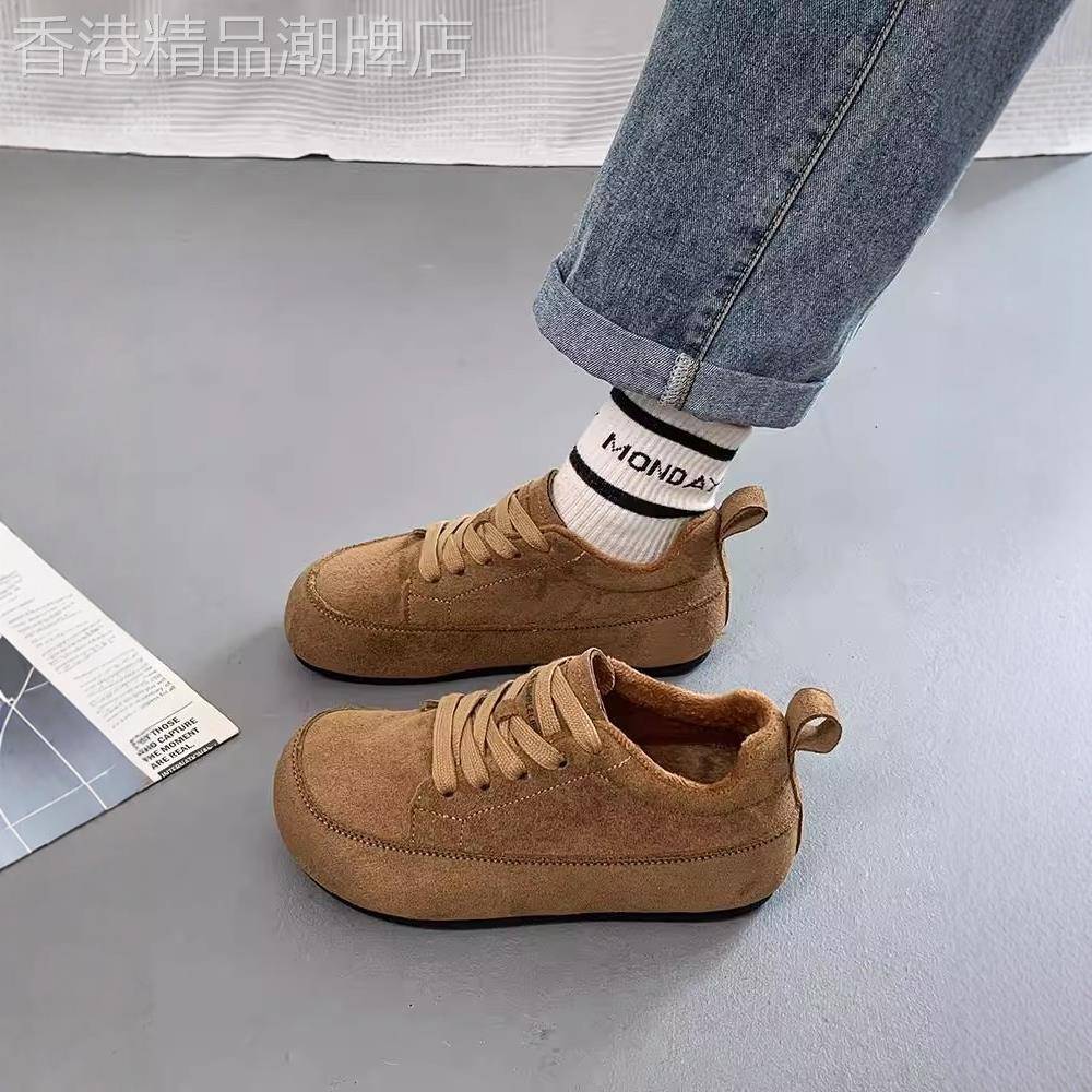 香港真皮厚底加绒勃肯鞋秋冬新款百搭休闲德训鞋保暖毛毛面包棉鞋