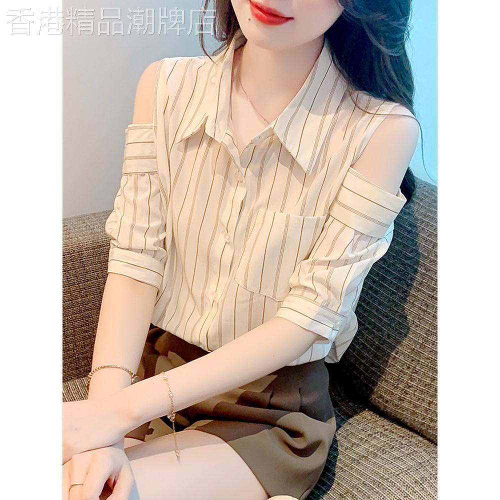 时尚露肩短袖雪纺衬衫女夏装2026夏季新款设计感条纹百搭上衣小衫