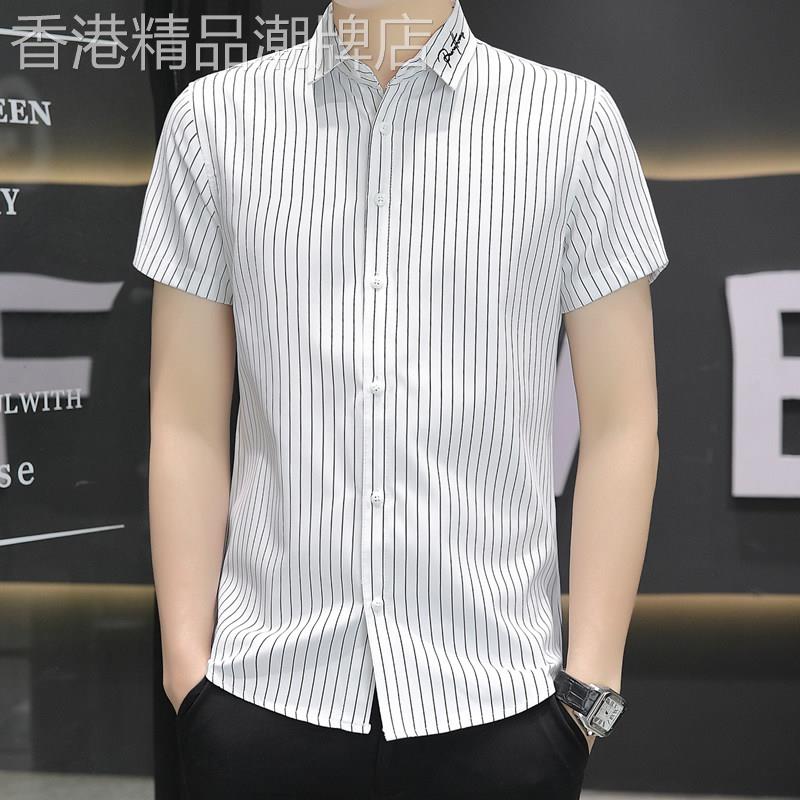 潮牌新款条纹衬衫男短袖夏季冰丝男士衬衣潮流修身时尚休闲上衣服