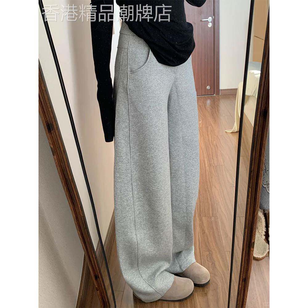 灰色阔腿弯刀运动裤女秋季2025新款高腰宽松慵懒休闲直筒香蕉卫裤