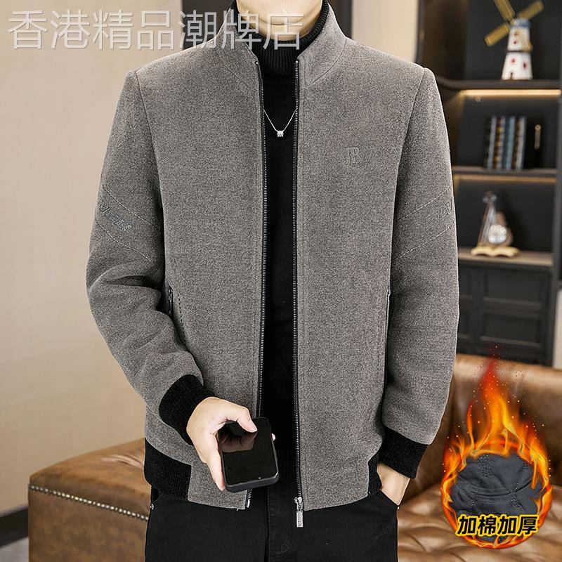 潮牌修身立领加棉加厚毛呢大衣冬季男士休闲韩版潮流二棉呢子外套
