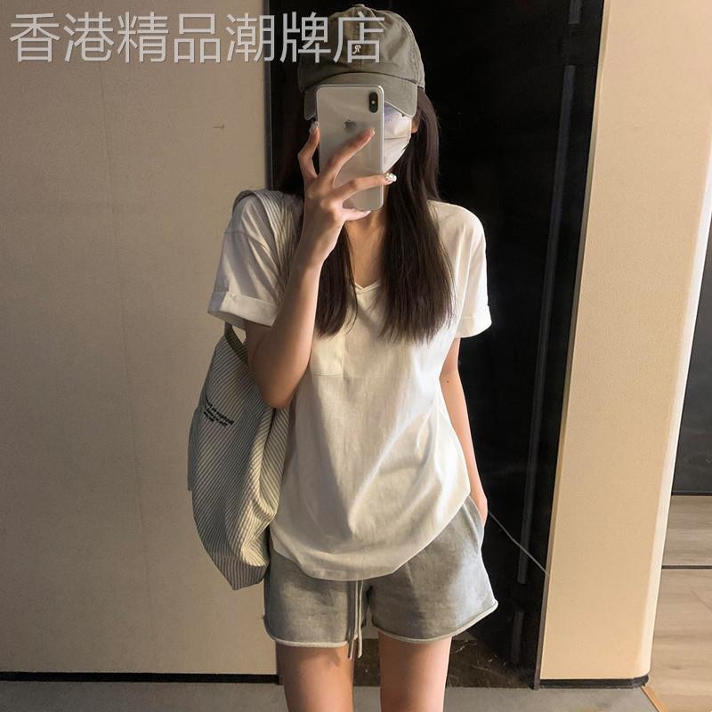 宽松显瘦运动套装女夏季V领上衣短袖百搭韩版学生休闲两件式短裤