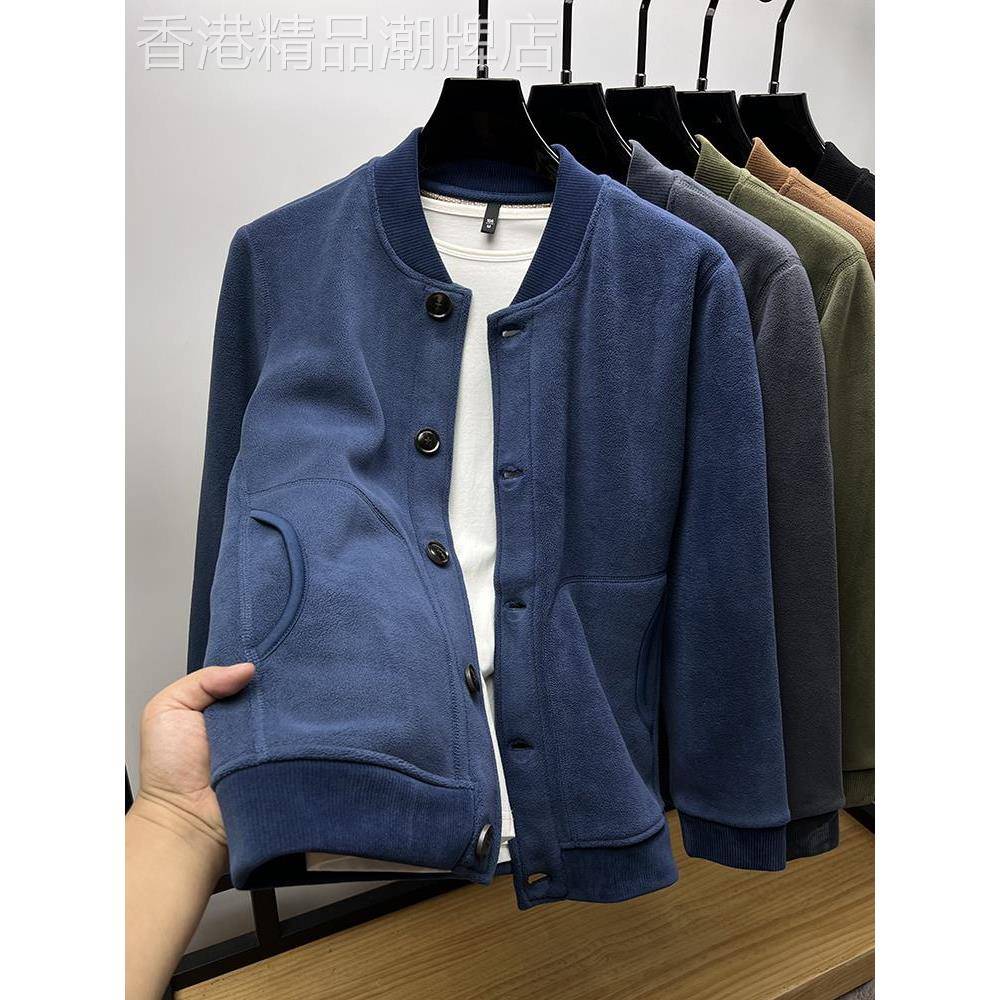 上身巨显白~纽扣棒球领摇粒绒卫衣外套男秋冬覆古加厚抓绒衣开衫