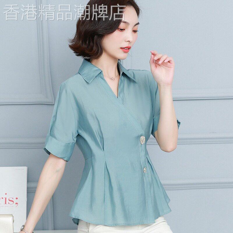 蓝色雪纺衬衫2026新款女夏季小衫收腰polo领上衣薄款短袖大尺码衬
