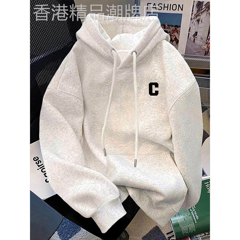 白灰色加绒连帽卫衣女秋季2025新款今年流行爆款印花慵懒上衣外套