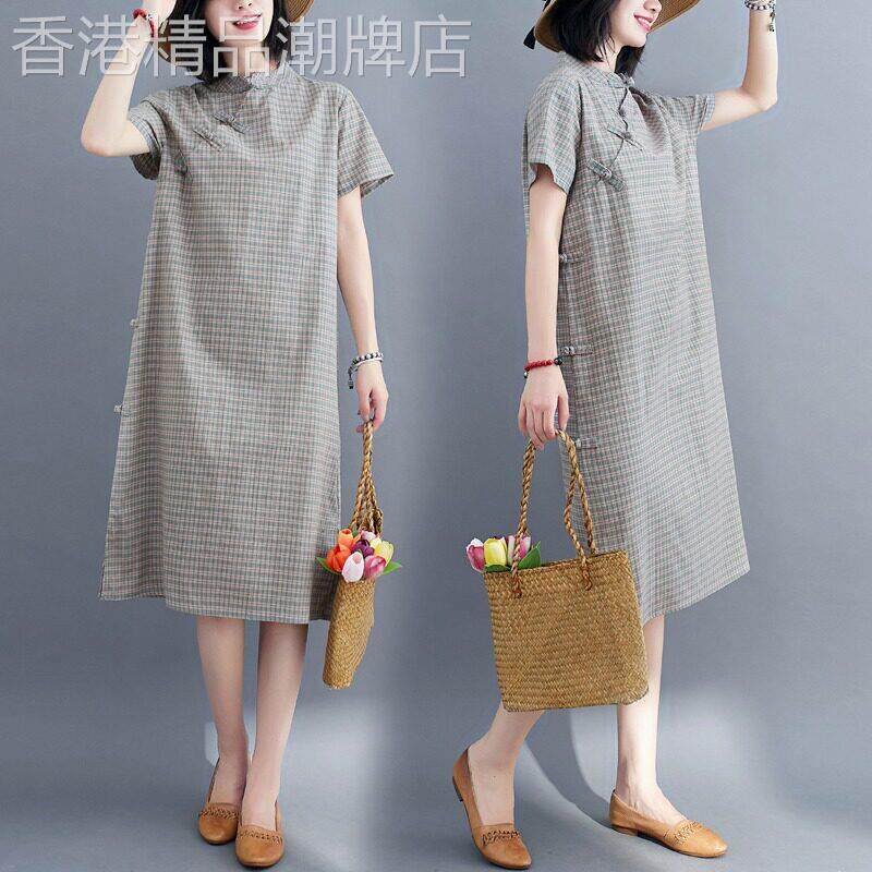 休闲格子短袖连衣裙女夏季新款复古斜襟盘扣中长款中式改良旗袍裙