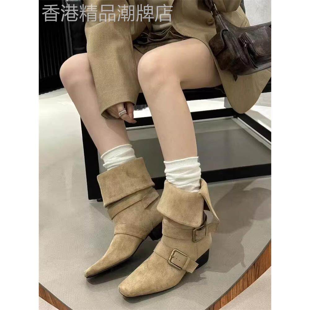 韩版小众覆古粗跟短靴女秋季新款西部牛仔裤管靴子中筒绒面马丁靴