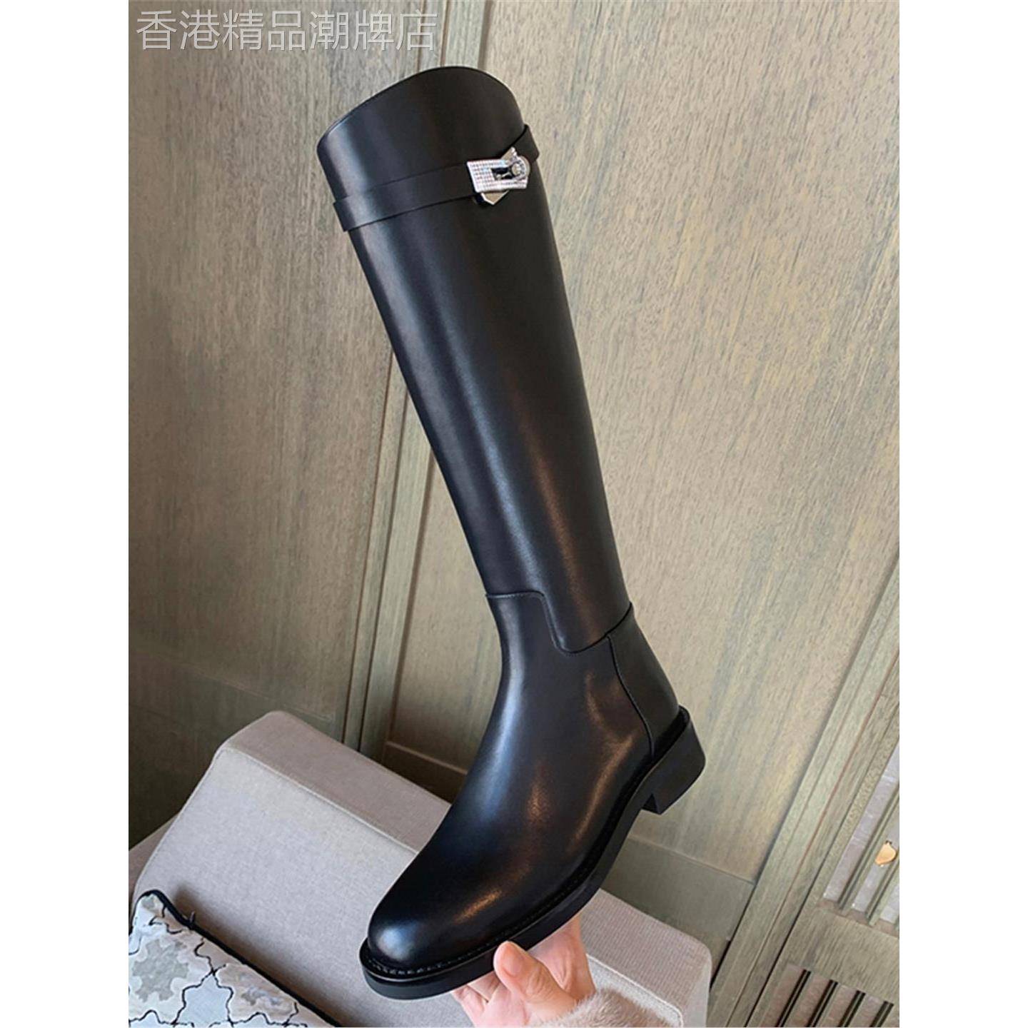 时尚百搭长筒骑行靴女秋冬季圆头粗跟高筒靴厚底水钻金属扣长靴