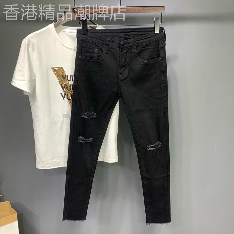 潮牌一字破洞牛仔裤男春季青年潮流修身小脚乞丐裤黑色新款九分裤