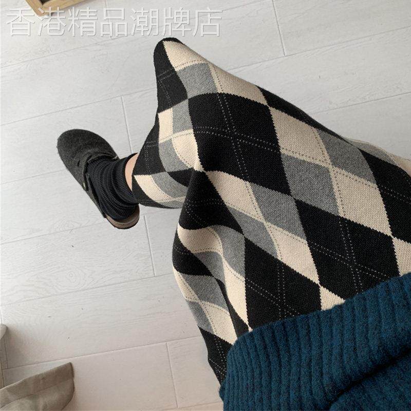 潮牌高端毛呢黑白格子针织半身裙女2025秋冬高腰显瘦中长款包臀裙