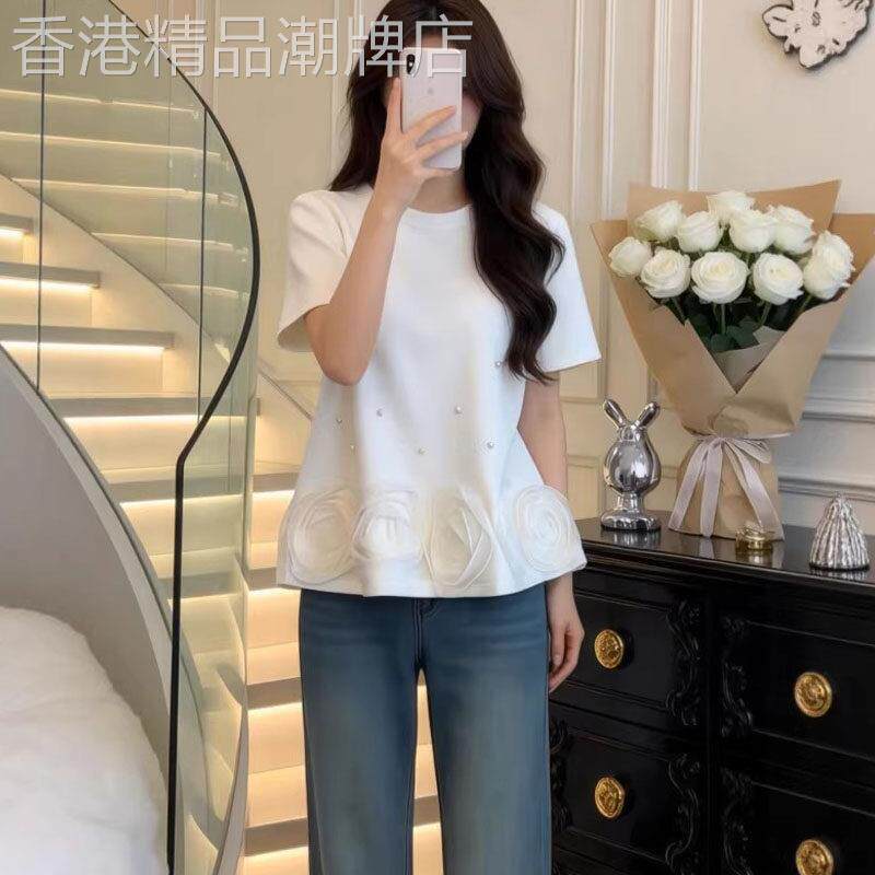 立体花卉钉珠短袖t恤女士夏季2026欧货大尺码胖mm时尚独特漂亮上