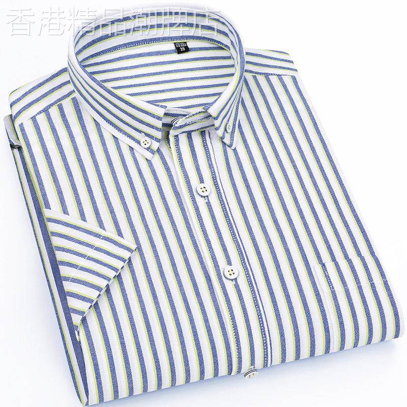 潮牌纯棉条纹衬衫夏季短袖衬衫吸汗透气男士上班衣服宽松半袖男装