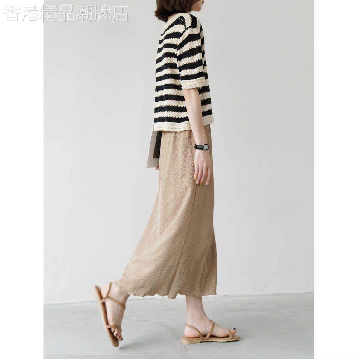 卡其色肌理感半身裙女2025夏季新款覆古褶皱a字裙过膝垂感中长裙