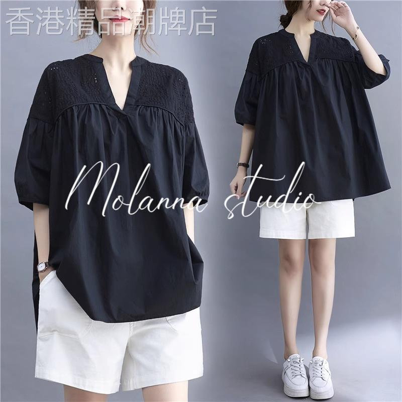 Molanna大码短袖衬衫女夏新款蕾丝拼接镂空五分袖娃娃衫衬衣上衣