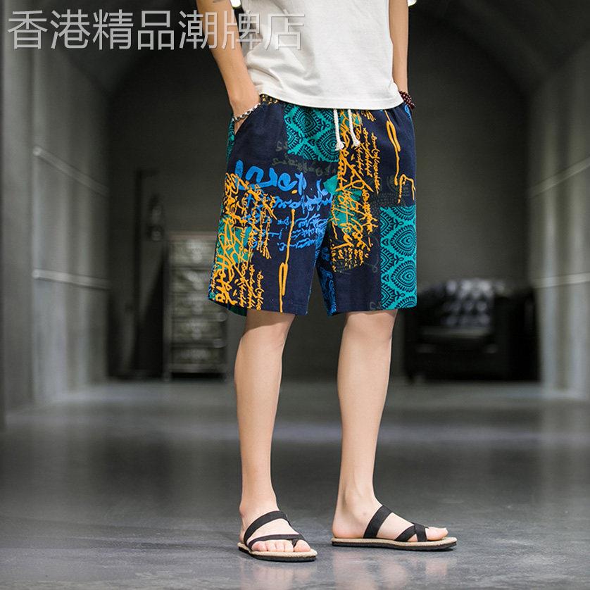 潮牌夏季薄款直筒五分短裤子男居家外穿沙滩裤休闲潮运动流花短裤