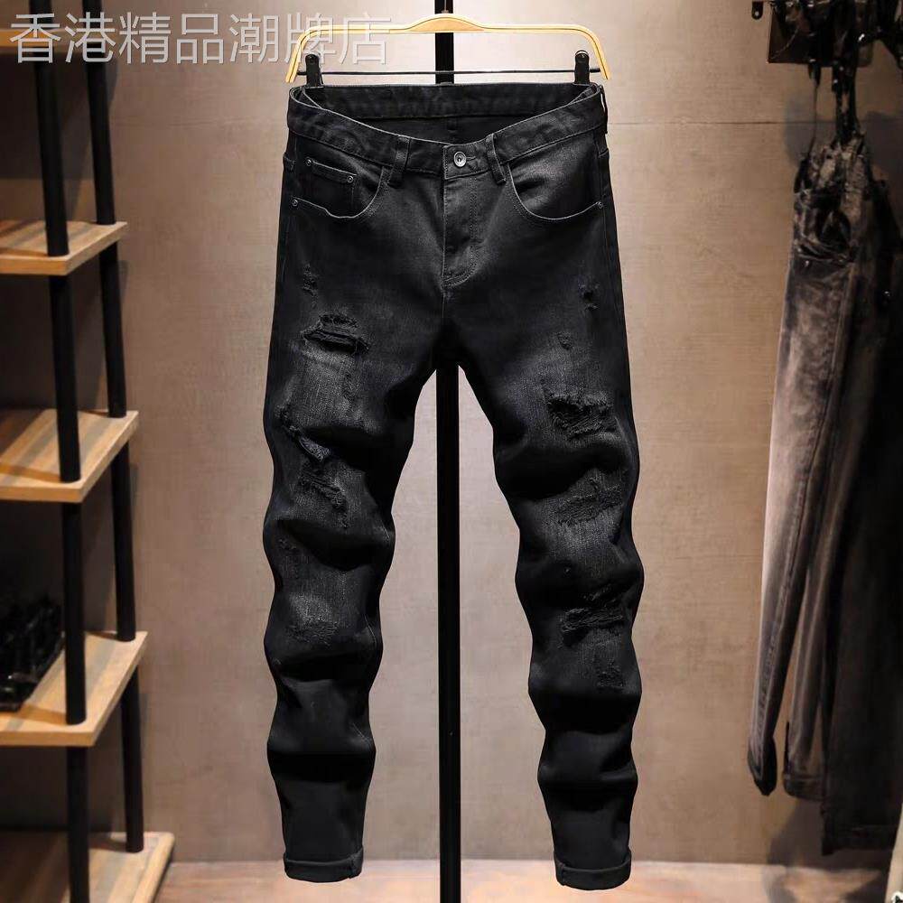 高端潮牌黑色破洞牛仔裤男秋冬痞帅高端修身弹力刮烂补丁小脚长裤