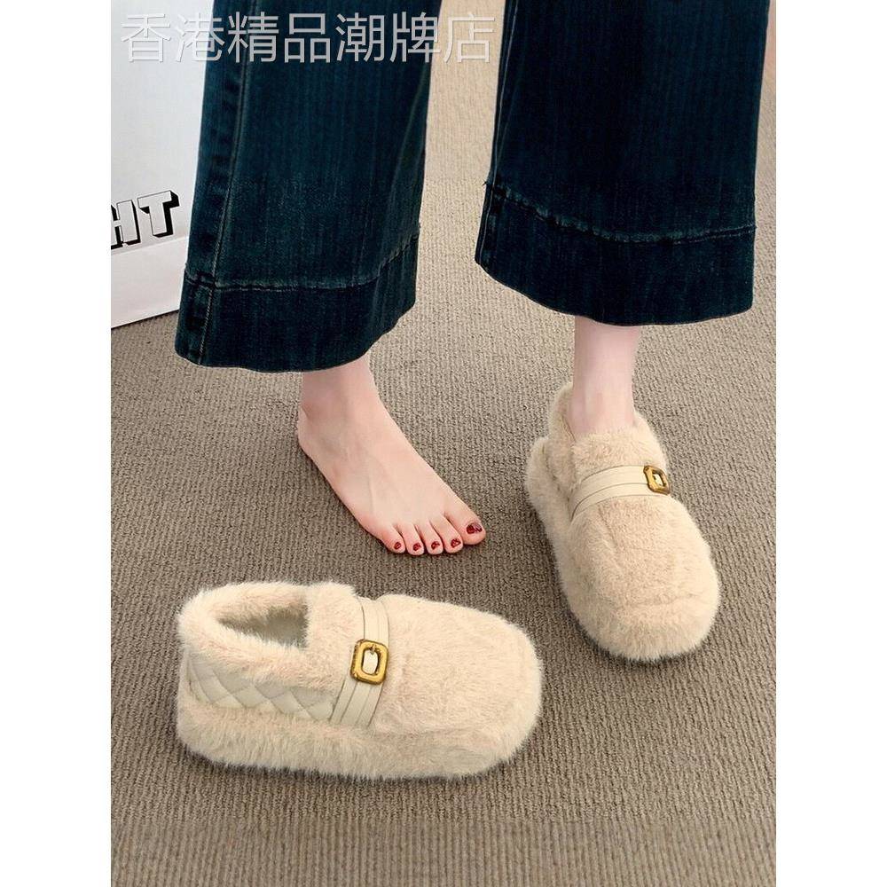 时尚加绒全包勃肯鞋女厚底低帮雪地靴新款冬季保暖一脚蹬毛毛棉鞋