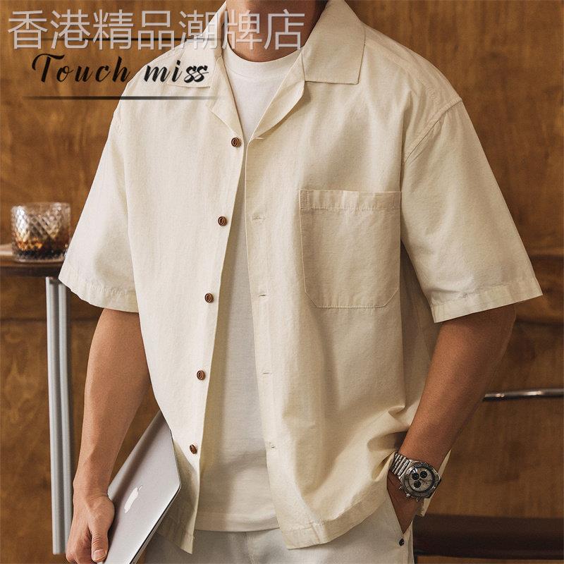 TOUCH MISS港风新款翻领短袖衬衫chic男夏季宽松休闲大尺码肥佬衬