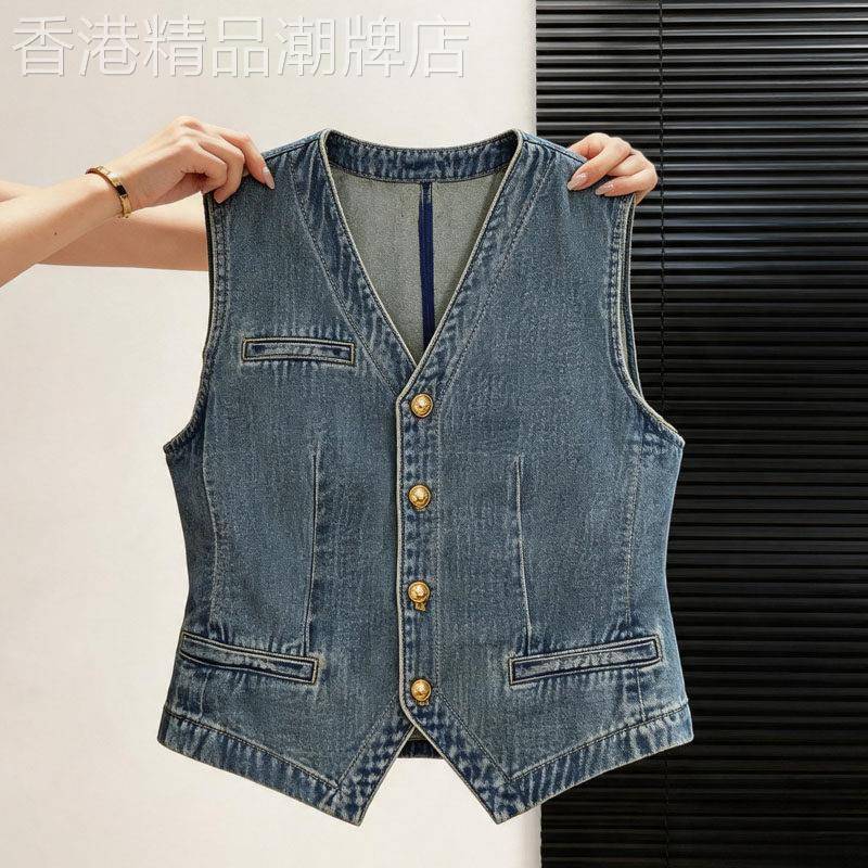 薄款牛仔马甲女夏季新款欧货复古外穿无袖背心背心马夹V领上衣潮