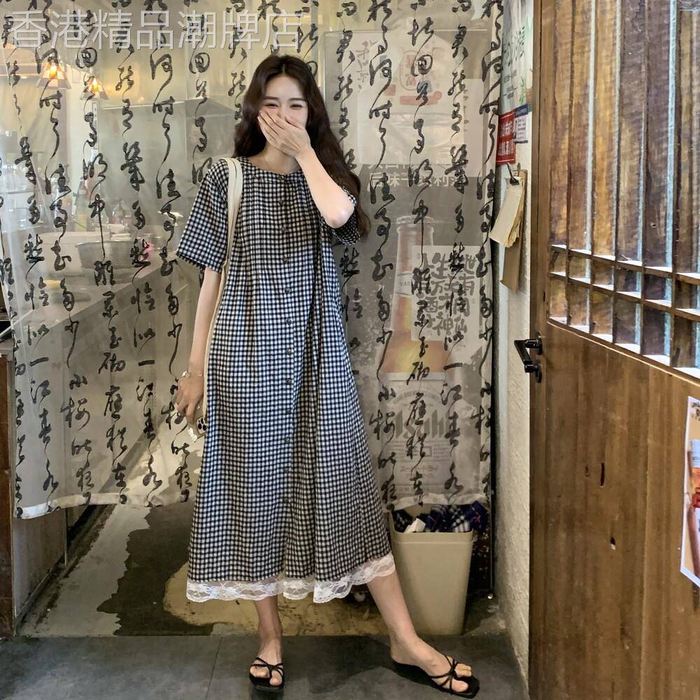 复古格纹短袖长洋装女2026夏季学院风中长版气质蕾丝拼接百搭连衣