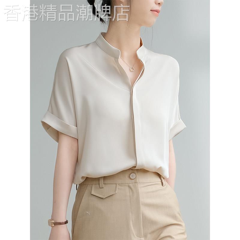 气质通勤立领缎面短袖衬衫女夏季新款简约百搭V领法式高级感衬衣