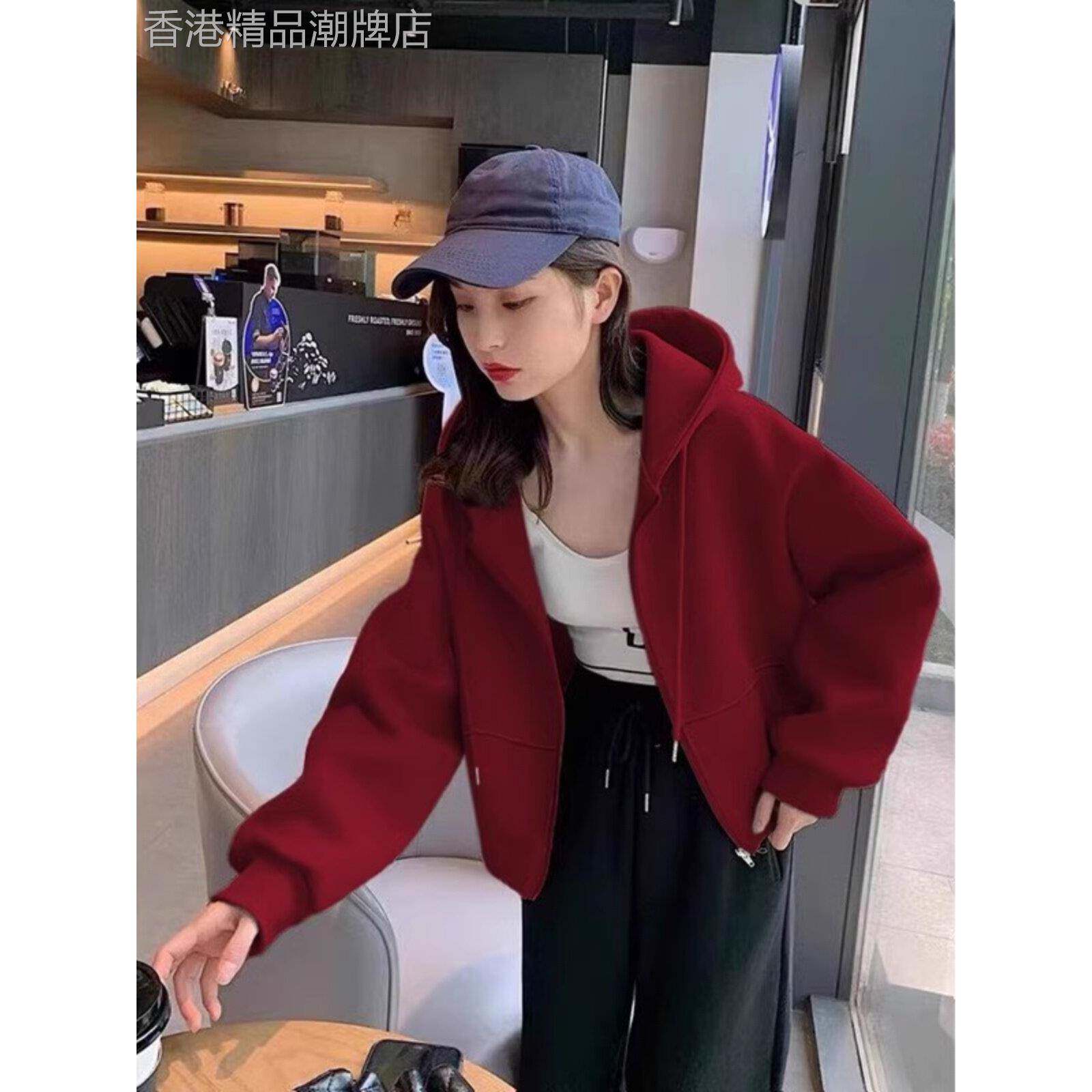 酒红色拉炼开衫卫衣外套女2025年新款春秋薄款小个子休闲短款上衣
