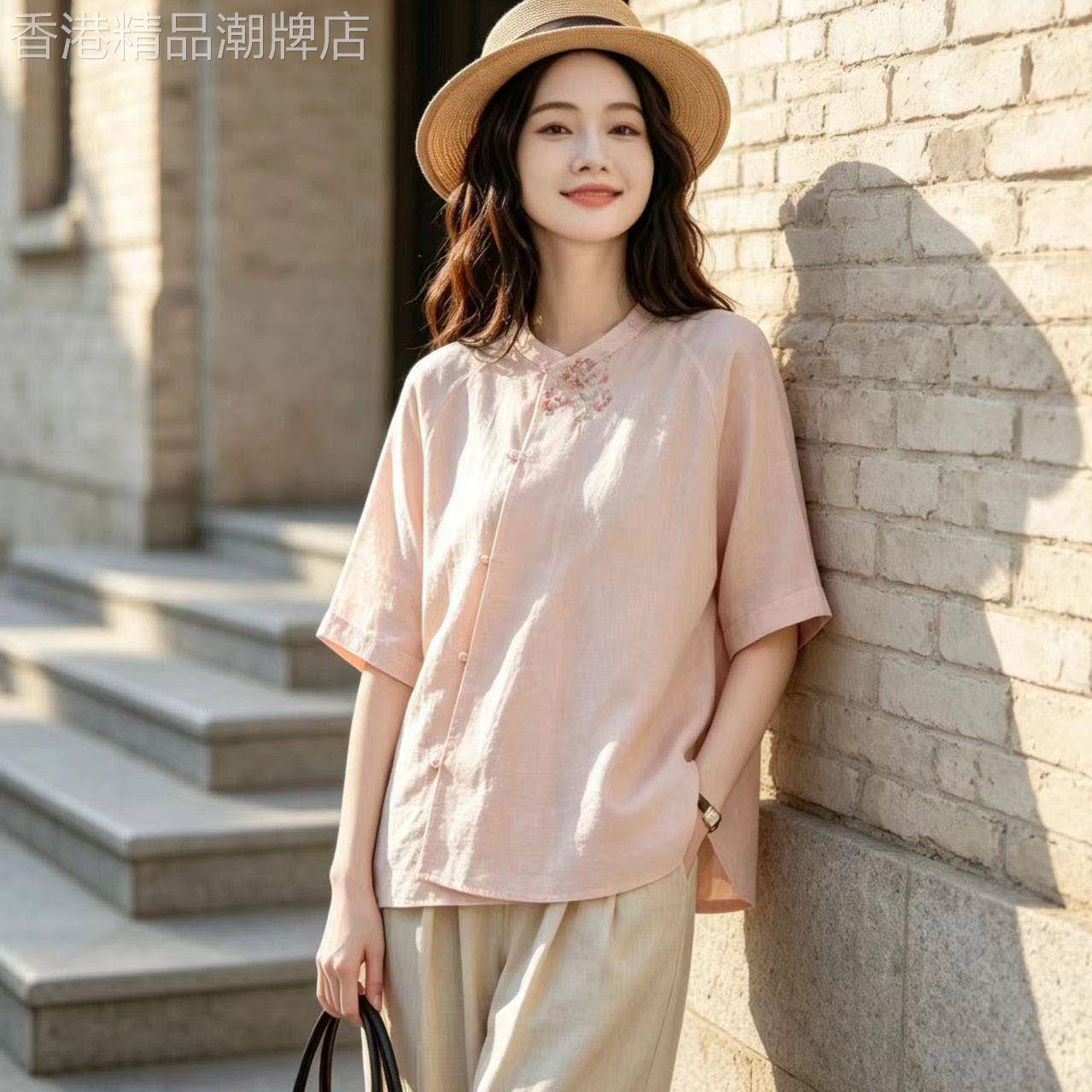 2026年夏季新中式亚麻刺绣衬衫女五分袖宽松国风斜襟盘扣开衫上衣