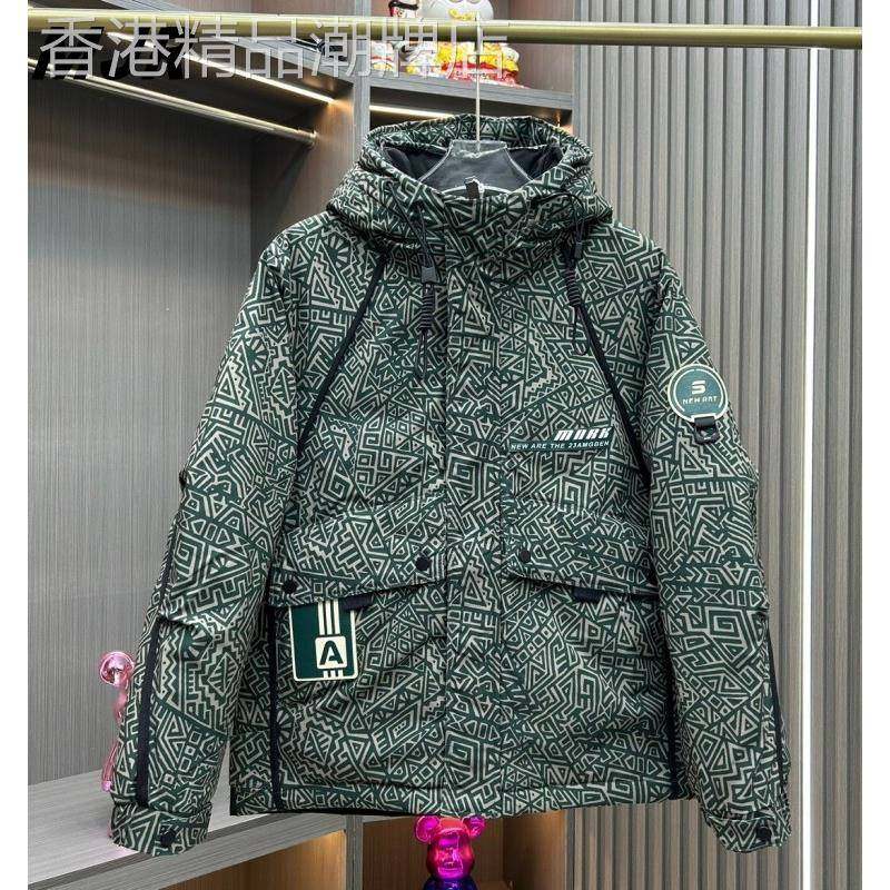 潮牌加厚90鸭绒满印无性别羽绒服男2025新款工装冲锋衣外套防寒服