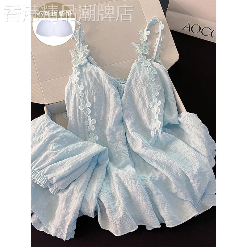 带胸垫睡衣女夏季2026新款蓝色花朵吊带短裤甜美宽松家居服两件套