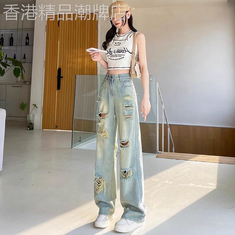 破洞直筒牛仔裤女夏季薄款2026新款高腰垂感小个子浅色窄版阔腿裤
