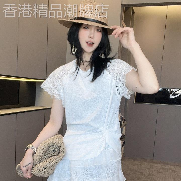 拼蕾丝插肩袖短袖T恤女2026夏季新款褶皱收腰圆领半袖上衣欧洲站