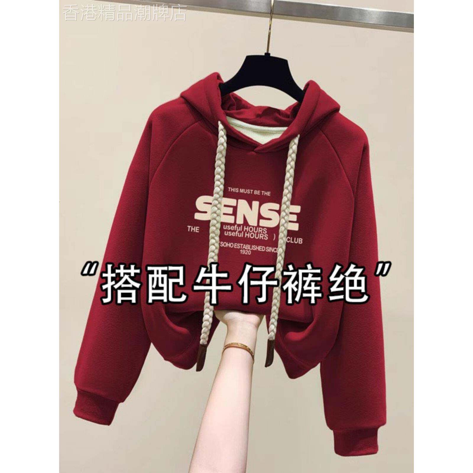 女式连帽短运动衫2025新秋季红茶风格服装羊毛衬里加厚宽松套头长