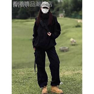 黑色三防冲锋衣套装男款秋季户外登山服工装裤情侣穿搭一整套时尚