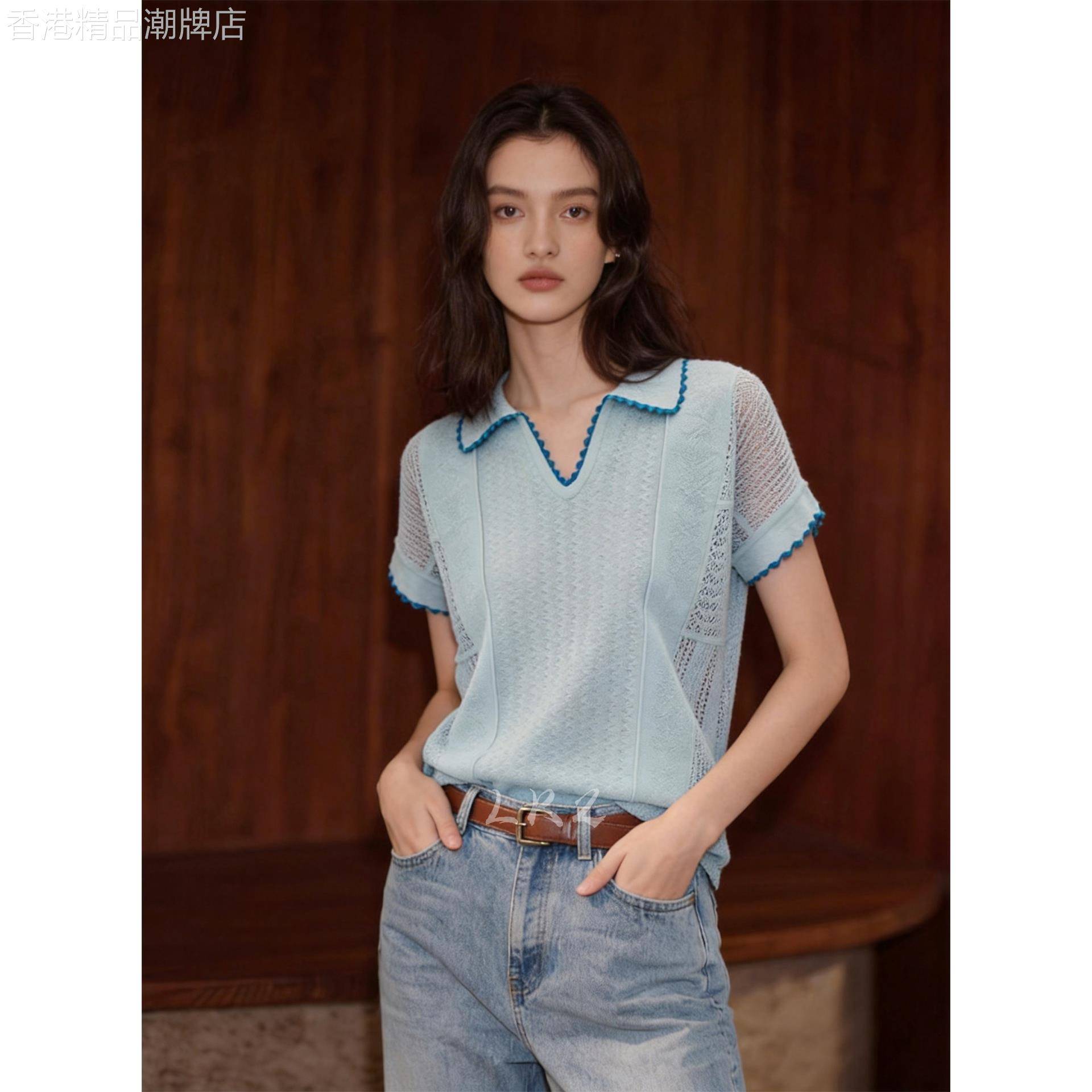 高级感撞色翻领镂空设计蓝色针织T恤女夏季新款时尚修身短袖上衣