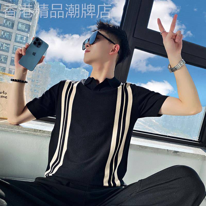短袖T恤男士夏季潮牌百搭修身翻领T恤休闲高级感冰丝条纹Polo衫