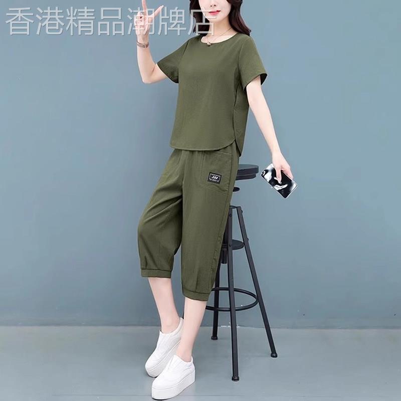 时尚休闲运动棉麻套装女款2025夏季新款军绿色七分裤气质两件套潮