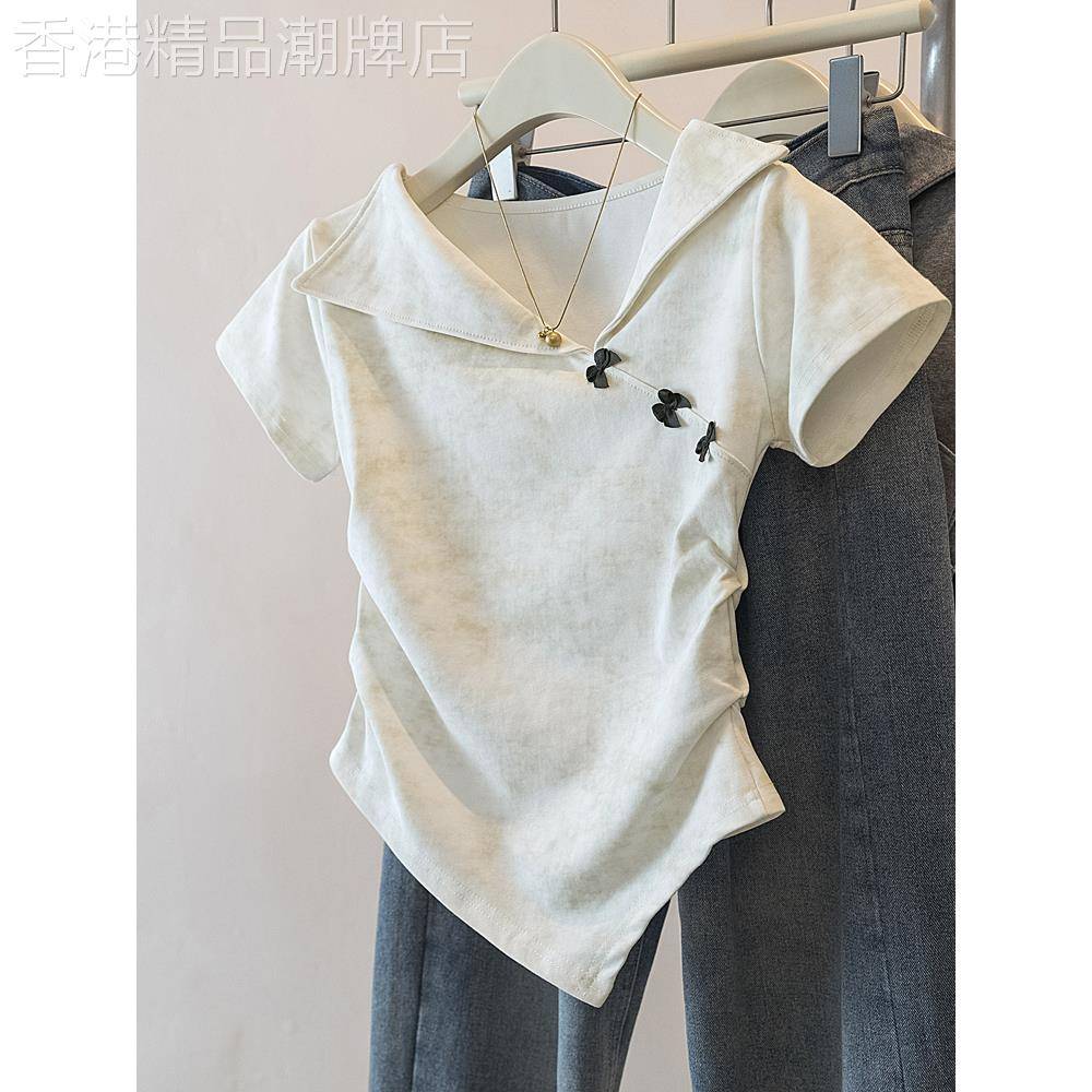 翻领扎染正肩短袖T恤女夏季胖mm不规则蝴蝶结收腰设计感大尺码上
