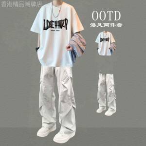 休闲套装男士夏季美式潮牌宽松痞帅青少年短袖长裤男装穿搭两件套