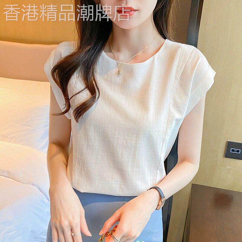 亚麻雪纺衫女夏季薄款2026年新款白色麻棉无袖背心短袖t恤女上衣