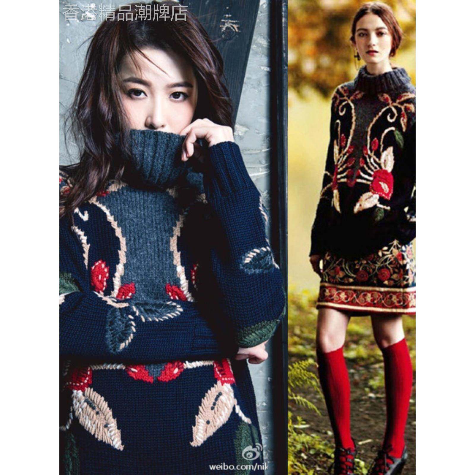 圣诞毛衣套装气质重工刺绣立体手工钩花中长款宽松套头高领毛衣女