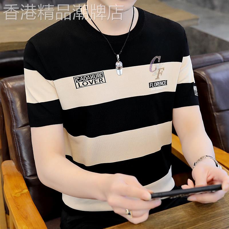 冰丝短袖t恤男士夏季薄款条纹帅气圆领潮牌高端针织半袖体恤上衣