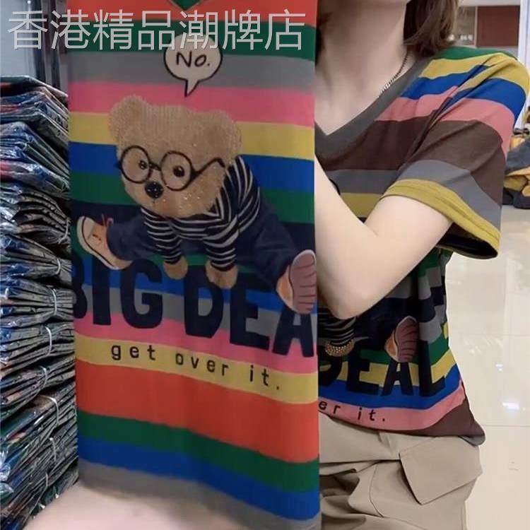 韩国夏季新款条纹短袖T恤女宽松洋派卡通小熊重工烫钻休闲上衣女