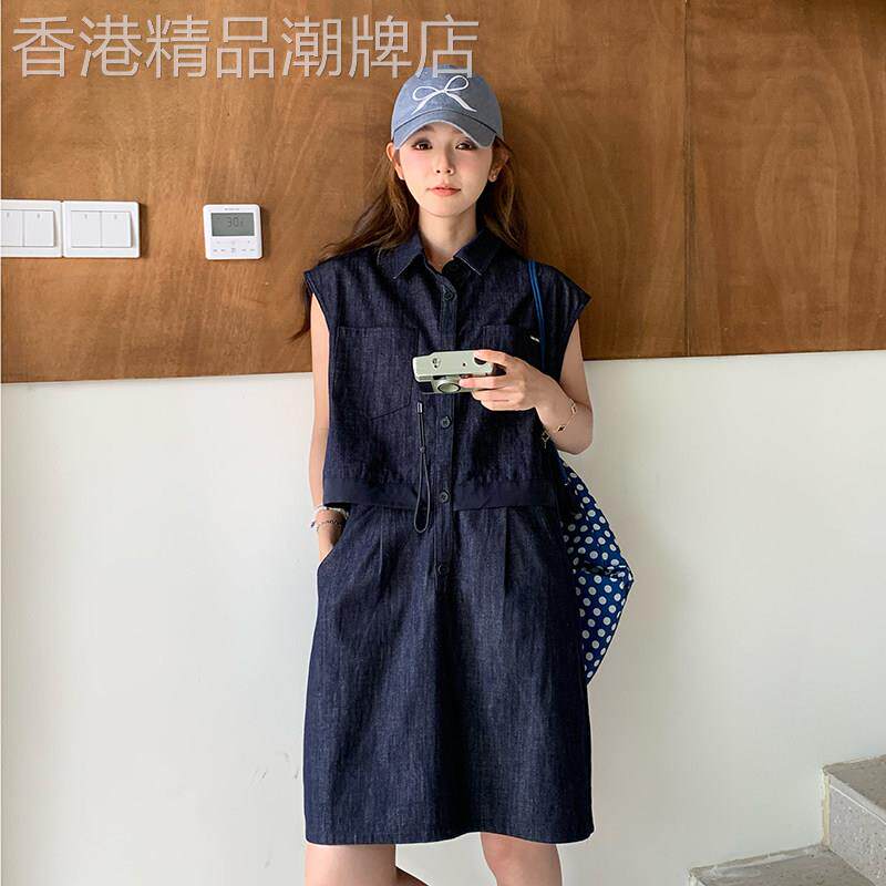 深蓝色薄牛仔无袖洋装女夏2026新款气质休闲简约假两件拼接裙子