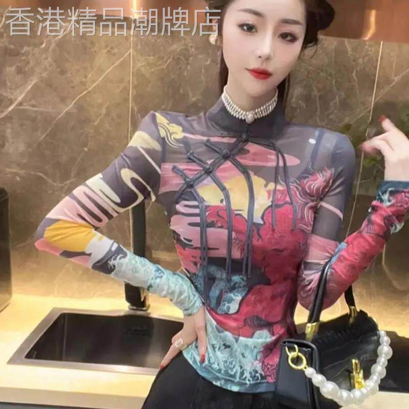 网纱打底衫女秋夏新款潮风修身印花T恤新中式复古流苏盘扣上衣
