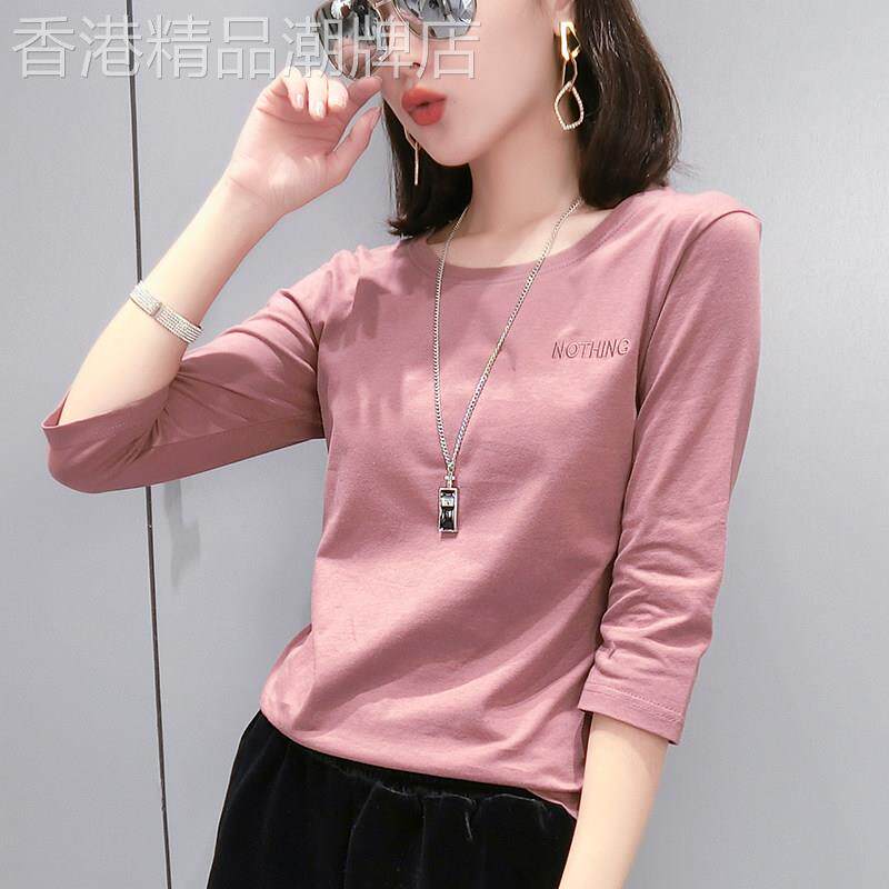 七分袖t恤女2025新款秋冬韩版宽松纯棉白色圆领洋气短袖打底上衣