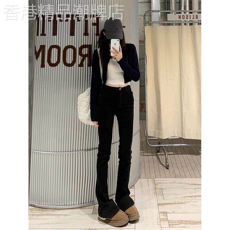 高个子黑色微喇叭牛仔裤女装2025春季新款加绒高腰修身弹力马蹄裤