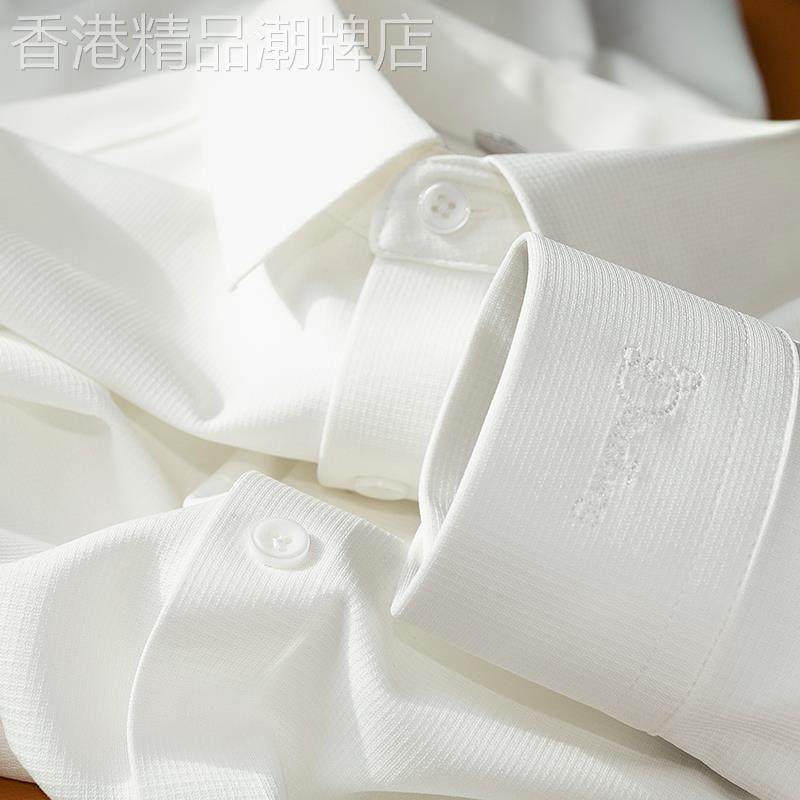 秋季薄款华夫格无痕压胶白色衬衫男长袖修身免烫休闲正装衬衣男士