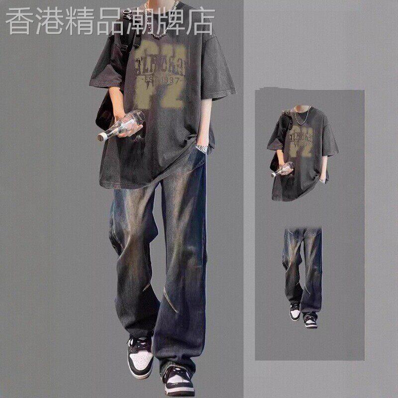 夏季新款休闲运动套装男士搭配一套潮流痞帅短袖T恤牛仔裤两件套