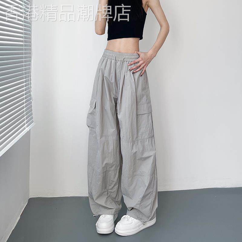 韩国薄款工装阔腿裤女夏季大码宽松显瘦冰丝速干休闲裤运动直筒裤