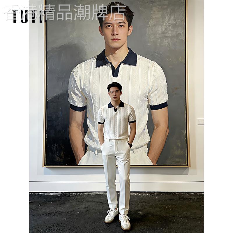 老钱风短袖polo衫男夏季潮牌修身白色条纹翻领针织半袖打底衫T恤